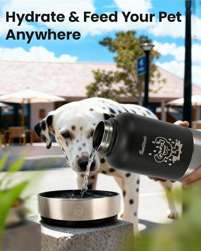 34oz Dog Water Bottle, Stainless Steel Dog Water Bottle Dispenser with Detachable Food & Water Bowls, Keeps Water Hot/Cold, for Walking, Hiking, Camping(Black) - Image 9