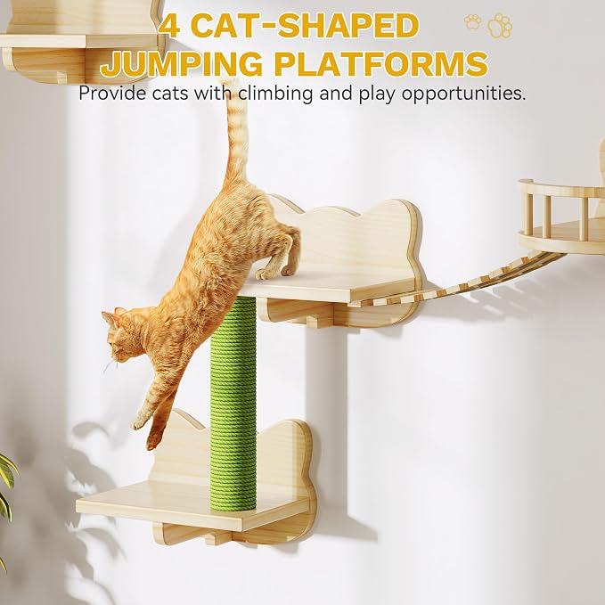 DWVO Cat Wall Shelves and Perches for Wall, Solid Wood Wall Mounted Cat Furniture, Set of 15 Cats Climbing Shelves for Large Cats with Green Wall House & Fence, Steps, Bridge Ladder, Scratching Posts - Image 6