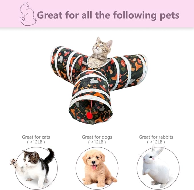 3 Way Cat Tunnel Collapsible Fun Pet Play Tube Toys for Cats, Kittens, Puppies & Rabbits - Portable Tunnel with Hanging Ball for Indoor Play, Hideout & Exercise - Image 4