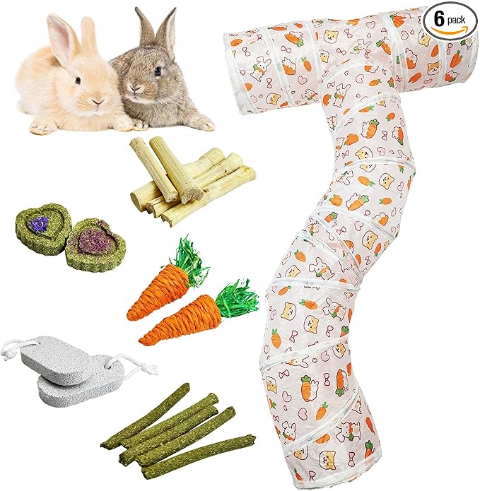 PINVNBY Large Rabbit Tunnel，Collapsible Rabbit Tunnels for Indoor Bunnies Bunny Hideout with 5 Types of Chewing Toys for Ferret Kitten Small Animals (T Shape) by PINVNBY