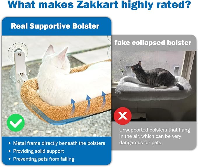 Zakkart Foldable Cat Hammock for Window - Cordless, Embeded Machine Washable Bed, Robust Metal Frame - Cat Window Perch for Large Cats and Kitten (Brown Bolster Bed, Medium) - Image 2