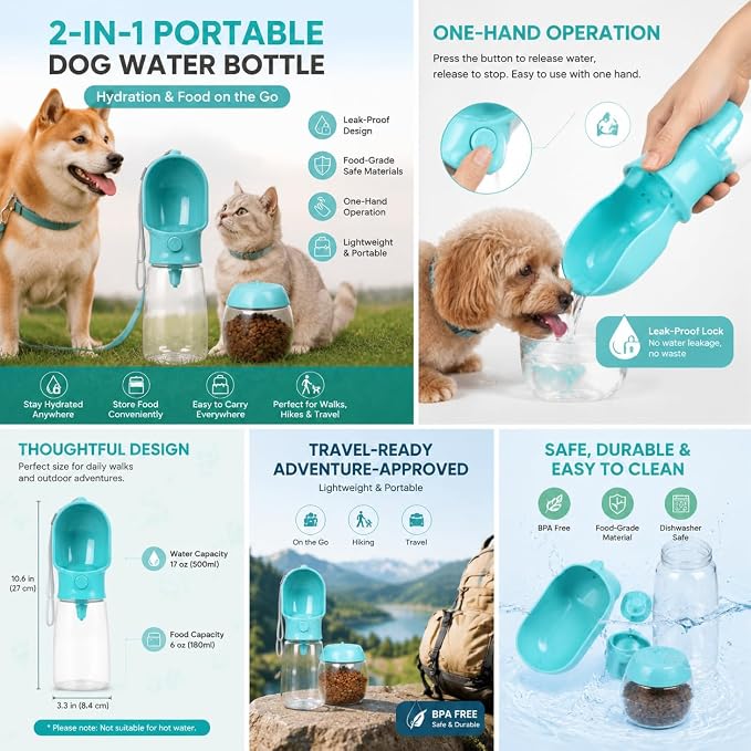2-in-1 Dog Cat Portable Water & Food Travel Dispenser Bottle(Pink) | 2-in-1 travel pet cup with 500ml water & 180ml food storage, leak-proof portable feeder for dog cat walking hiking trips - Image 2