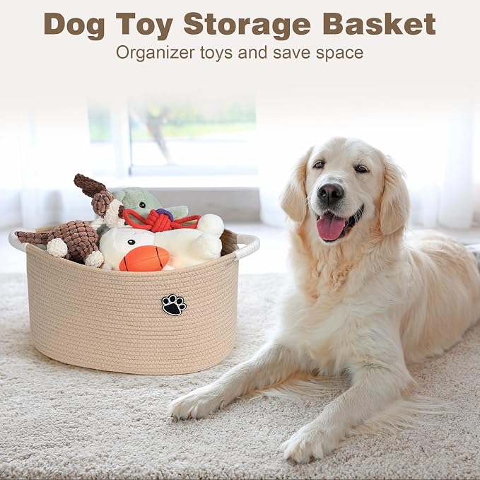 Optish 25L Medium Dog Toy Basket, Woven Rope Storage Baskets, Camel | 16.5" x 11" x 9" Toy Storage Box and Bin with Handles for Living Room, Bedroom Organization, Durable, Foldable, Home Decor - Image 2