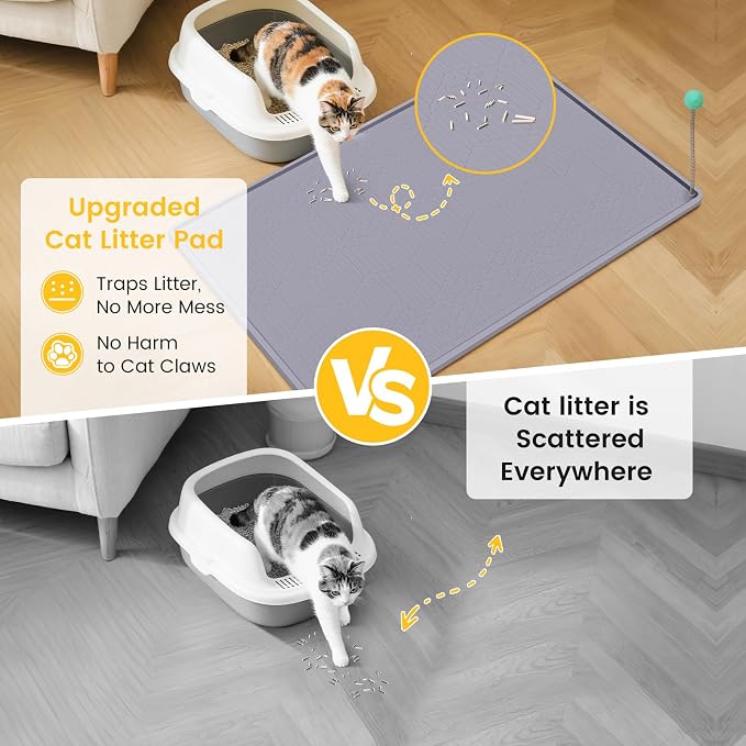Silicone Cat Litter Mat with Toy, 38x25 Inch Large - Waterproof, Easy Clean Trapping Mat for Kitty Litter Box, Non-Slip Litter Box mat for Hardwood Floors & Carpet Protection (Grey) - Image 2