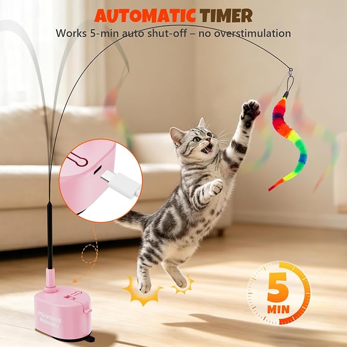 Interactive Cat Toys For Indoor Cats, 360° Flying Automatic Cat Toy, Pink | Rechargeable, Strong Suction Base, Self-Play & Handheld, Electric Spin Game Enrichment Toy, Long Kitty Wand for Bored Cats - Image 4