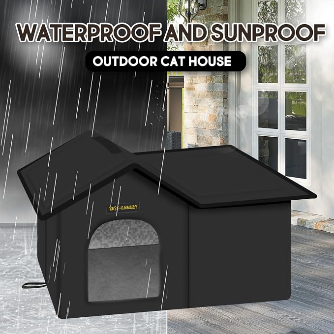 Outdoor Cat House for Feral Cats,Weatherproof & Insulated | Self-warming & waterproof insulated, with mat and canopy, sturdy support, easy assembly, winter shelter for feral cats, black - Image 2