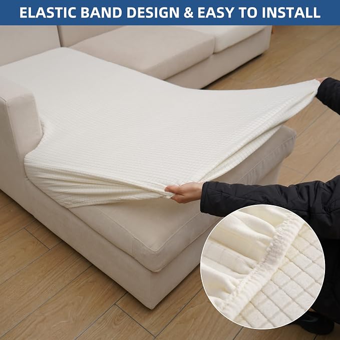 Eismodra Sectional Couch Covers Chaise Cushion Cover for Sofa L Shape Chaise Lounge Magic Stretch 3 Cushion Couch Slipcover for Dogs L Shaped Replacement Protector,Cream White X-Large(Only 1 Piece) - Image 4
