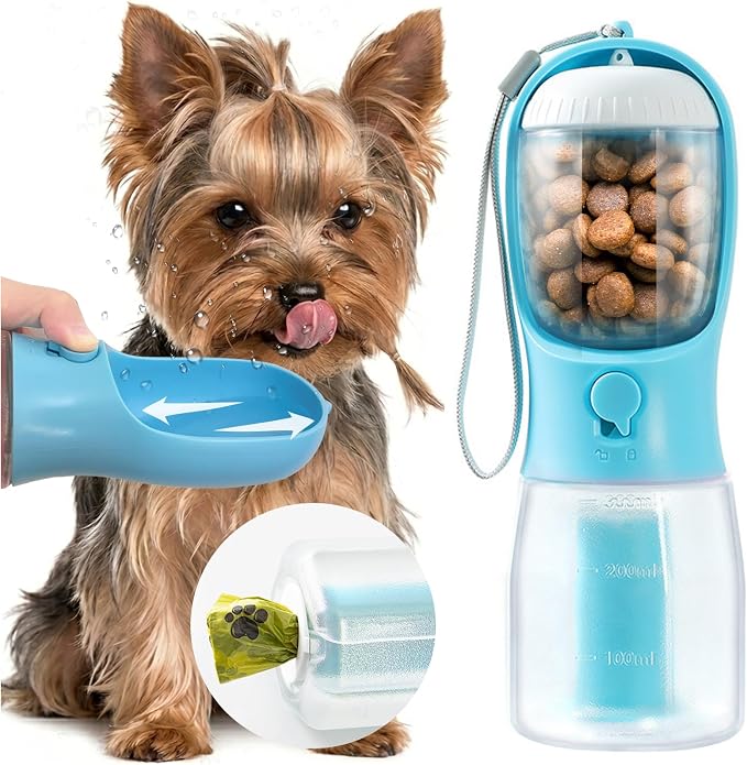 Portable Water Bottle for Small Dogs, 3 in 1 Pet Travel Bowl Dispenser with Food Treat Container & Poop Bag Holder, Summer Hiking Walking Accessories for Puppy On The Go - Blue, 10oz by MoonyMars