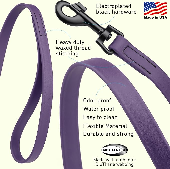 Dogline Biothane Waterproof Dog Leash Strong Coated Nylon Webbing with Black Hardware Odor-Proof Easy to Clean High Performance for Small or Large Dogs Made in USA 4 or 6 ft Lead, Violet Purple - Image 2