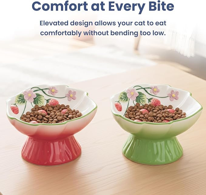 Strawberry Blooms Elevated Ceramic Cat Bowl, Red | Raised Cat Food Bowl with 15° Tilt, Whisker-Friendly Pet Feeding Bowl, Anti-Choking Dish, Dishwasher Safe - Image 7