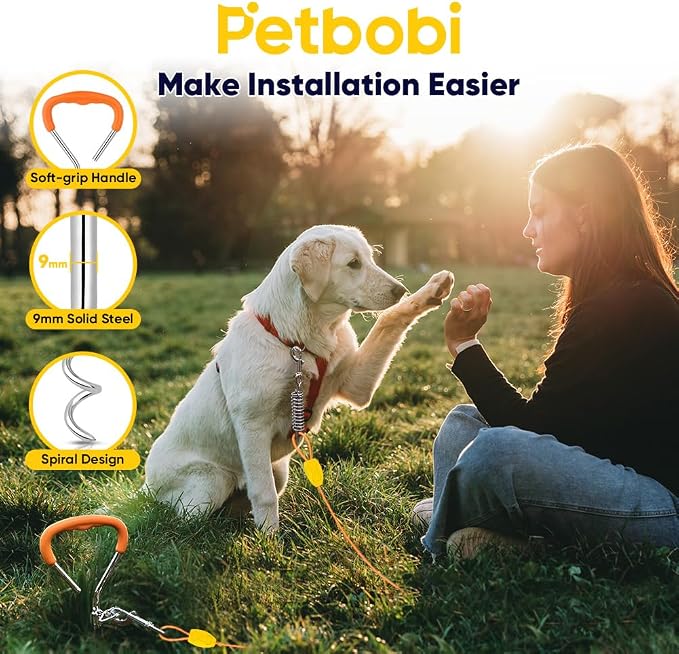 Petbobi Dog Tie Out Cable and Stake, 30ft Heavy Duty Dog Leads for Yard | 4in Shock Spring, 16in Spiral Ground Anchor, 360° No-Tangle Swivel, Chew-Proof Rustproof Wire, Up to 120 lbs, Outdoor Camping - Image 3