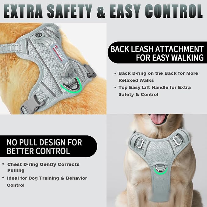 BARKBAY No Pull Dog Harness Large Reflective Dog Harness with Front Clip and Easy Control Handle for Walking Training Running with ID tag Pocket(Grey,M) - Image 3