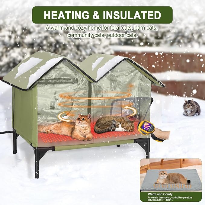 Heated Cat House for Outside Winter, Large Heated Outdoor Cat House Weatherproof, Elevated Bed, Escape Door, Insulated Outdoor Cat Shelter with Heater for Multiple Cats Feral Stray Kitty, Easy Setup - Image 2