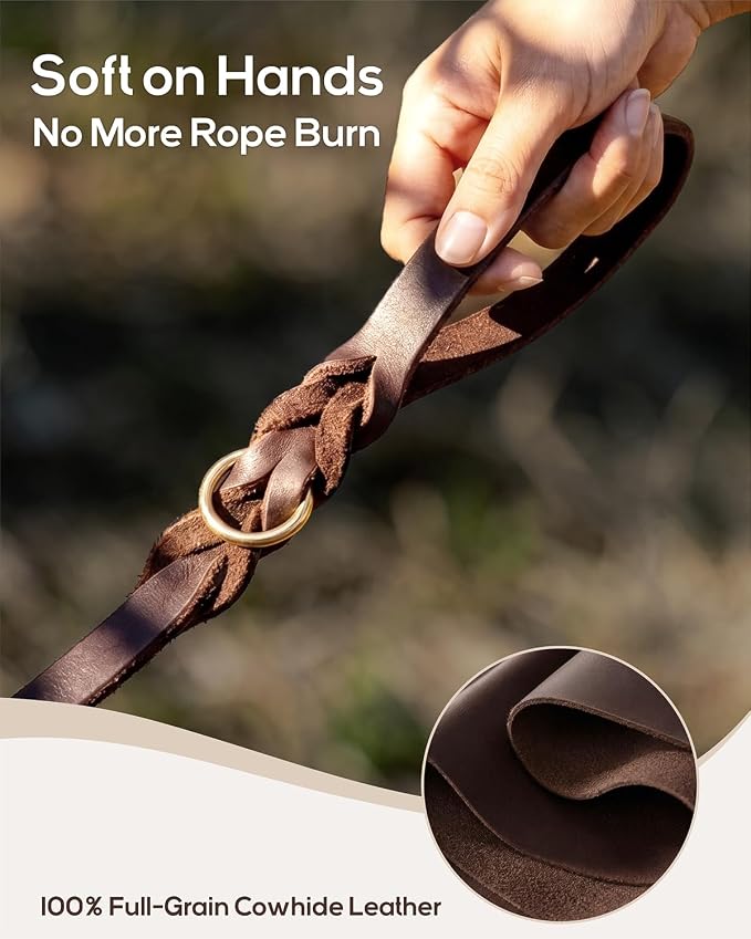Taglory Leather Dog Leash for Large Medium Dogs, Hand-Braided, 5FT Brown | Strong for Training & Everyday Walks, Soft Grip Full Control, Hands-Free Poop Bag Holder, Rotating Brass Clasp, 3/4 INCH - Image 2