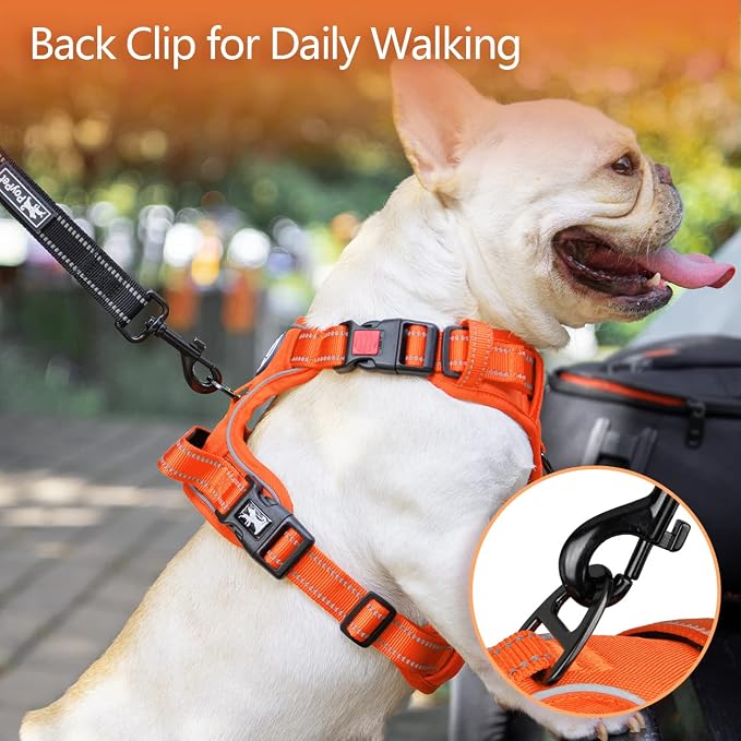 PoyPet No Pull Dog Harness, Reflective Vest with 2 Leash Clips & Handle | Lockable Neck Release Buckle, No Choke, Adjustable, Soft Padded, for Walking Training, Orange Matching Trim, Large - Image 3