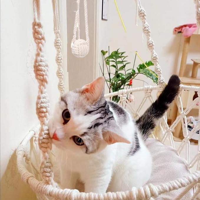 VINGVO Macrame Cat Hammock Bed, 58.27" Handwoven Pet Hanging Swing Bed with Hook for Wall, Foldable Kitten Window Perch for Indoor Outdoor Sports Playing Sleeping Climbing Lounging - Image 5