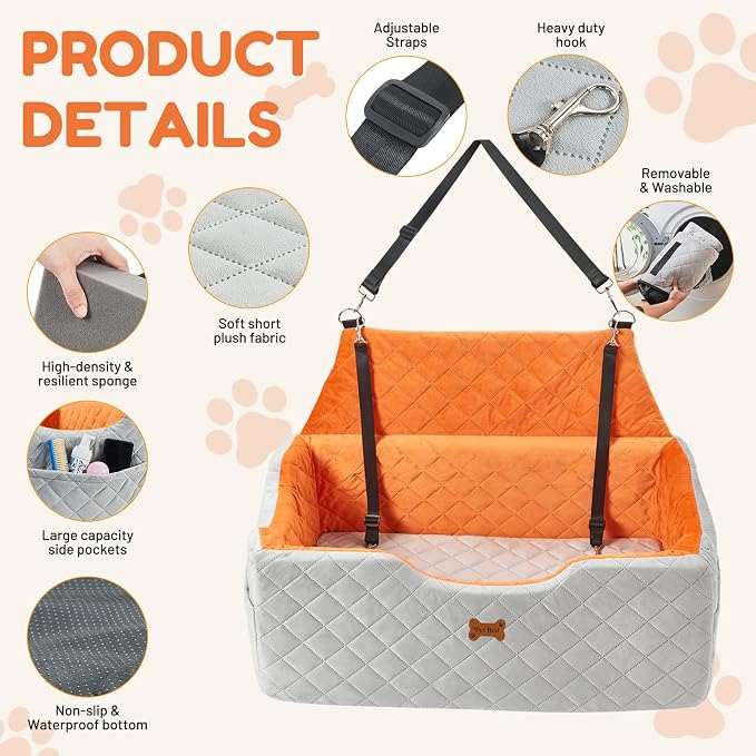 Dog Car Seat for Large Medium Dogs up to 55 lbs, Memory Foam Dog Booster Seat with Storage Pocket, 2 Safety Leashes,Washable Cover, Portable Anxiety Pet Travel Bed, Gray - Image 5