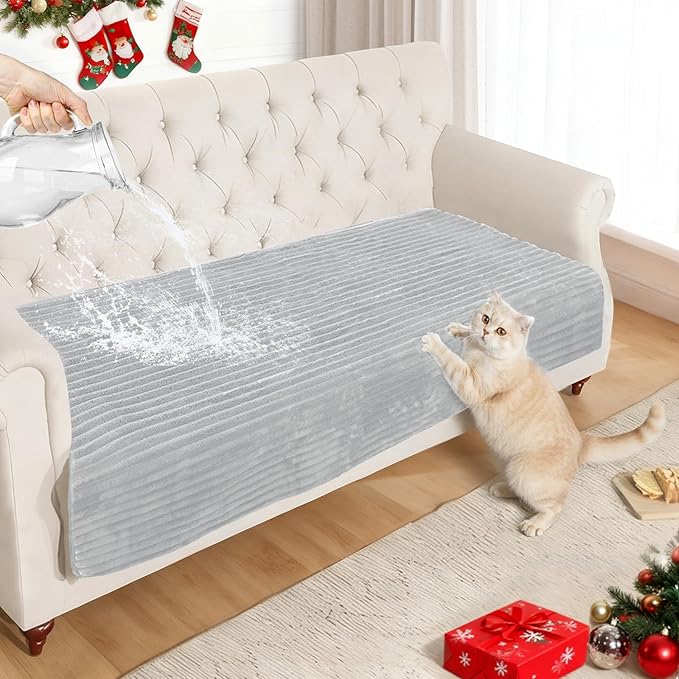 NAISI Couch Covers for Dogs Waterproof Flannel Striped Sofa Cover Pet Friendly Washable Dog Mat for Couch Anti Slip Sectional Sofa Slipcover Protector(1pc/35"x 63",Light Grey) by NAISI