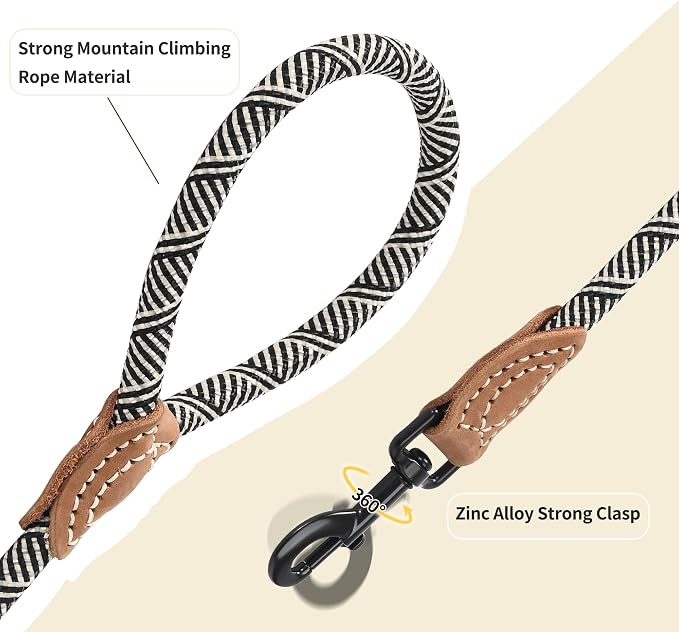 Mile High Life Dog Leash with Genuine Leather-Wrapped Ends, 4/5/6FT | Tangle-Free 360° Swivel Clasp Heavy Duty Rope Leash | Small Medium Large Dogs | Daily Walking (White Beige, 72 Inch, 1/2") - Image 5
