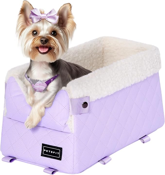 PETSFIT Cat Car Seat with Dual Adjustable Seat-Rail Anchor Hooks | Anti-Collapse Leather Dog Console Car Seat with Safety Tether, Washable Cushion, Soft Pillow for Pets Under 8 lbs, Purple - Image 9