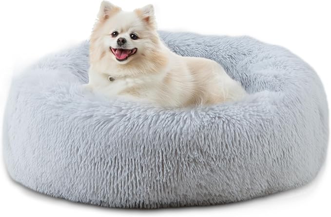 Bunlitent 23 inch Calming Dog Bed, Donut Dog Bed for Small Sized Dog, Grey | Plush Anti-Anxiety, Donut Shape, Warming Cozy, Round Cuddler Nest, Soft Cute,Marshmallow Cuddler Nest Pet Bed by Bunlitent