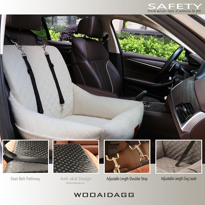 WOOAIDAGG Dog Car Seat for Small Dogs,Ultra-Soft Fabric,2 Storage Pockets & Safety Leash,Adjustable Straps,Easy to Install,Fully Detachable and Washable(Beige) - Image 4