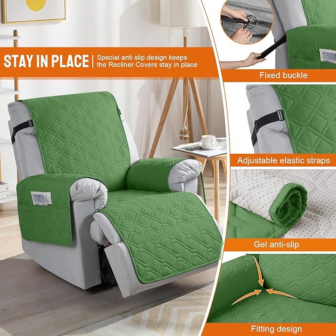 VANSOFY 100% Waterproof Recliner Chair Covers Washable, Vine Green, 30" | Non-Slip, Slipcover with Pocket, Furniture Protector, Elastic Straps, Chair Cover for Pets, Dogs - Image 3