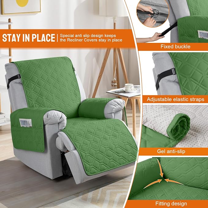 VANSOFY 100% Waterproof Recliner Chair Covers Washable, Vine Green, 23.6" | Non-Slip, Slipcover with Pocket, Furniture Protector, Elastic Straps, Chair Cover for Pets, Dogs - Image 3