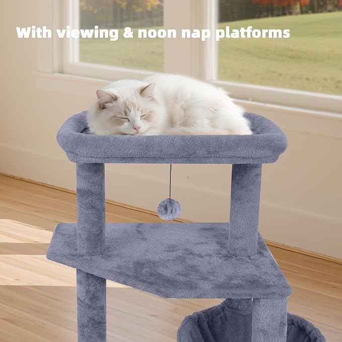 TWDEPART 55" All-in-One Cat Tree Tower with Scratching Board & Posts Cozy Sleeping Perch Hammock and Toy Balls,Grey - Image 7