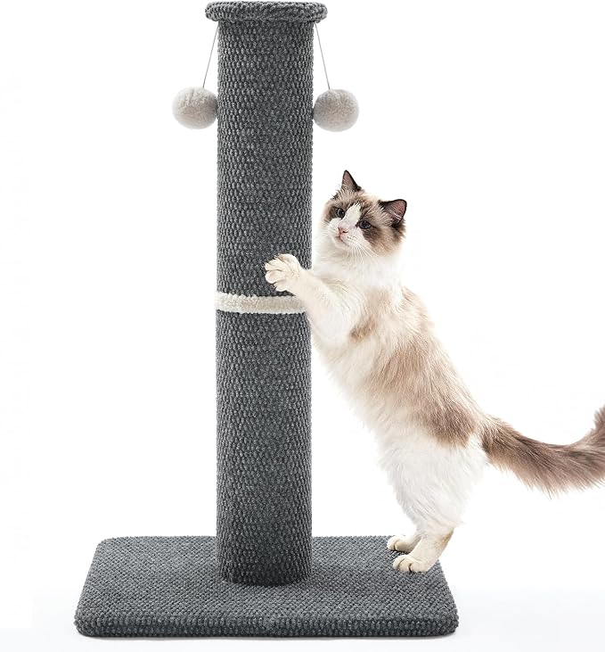 Made4Pets Tall Cat Scratching Post, Carpet Scratcher for Indoor Cats, 33" | Reach-and-Stretch Height, Wide Base, Hanging Balls for Play, Easy Assembly with Tools, For Adult and Larger Cats, Dark Grey by Made4Pets