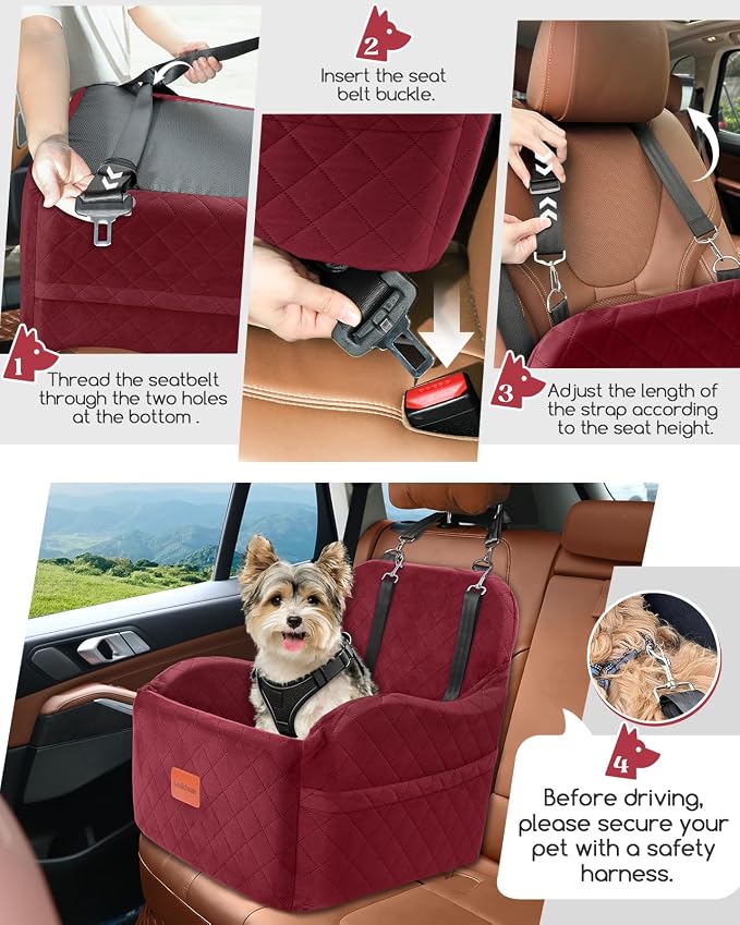 Lealchum Dog Car Seat for Small/Medium Dogs,6in Elevated Cushion,Fits in Front/Back Seat,Fully Detachable and Washable,2 Storage Pockets,Easy to Install (Red, Medium) - Image 3