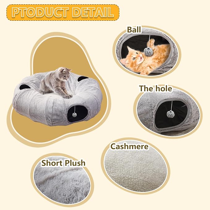 WINDRACING Cat Tunnel Bed for Indoor Cats - Cute Cat Donut Tunnel with Washable Circle Cushion, Round Pet Play Toy for Kitten/Puppy/Rabbit, Grey - Image 5