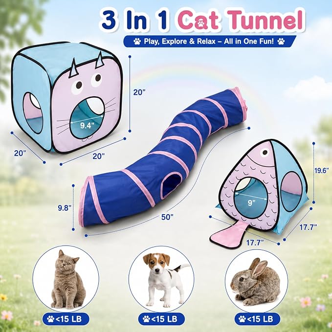 Rypet Cat Toy Tunnel and Cubes Bundle, Play Tubes for Indoor Cats, Blue | 3-in-1 Tunnel Cubes Tent, Crinkle Tube for Play, DIY Shapes, Ball and Bell for Play, Tear-Resistant Polyester, Folds Flat - Image 2