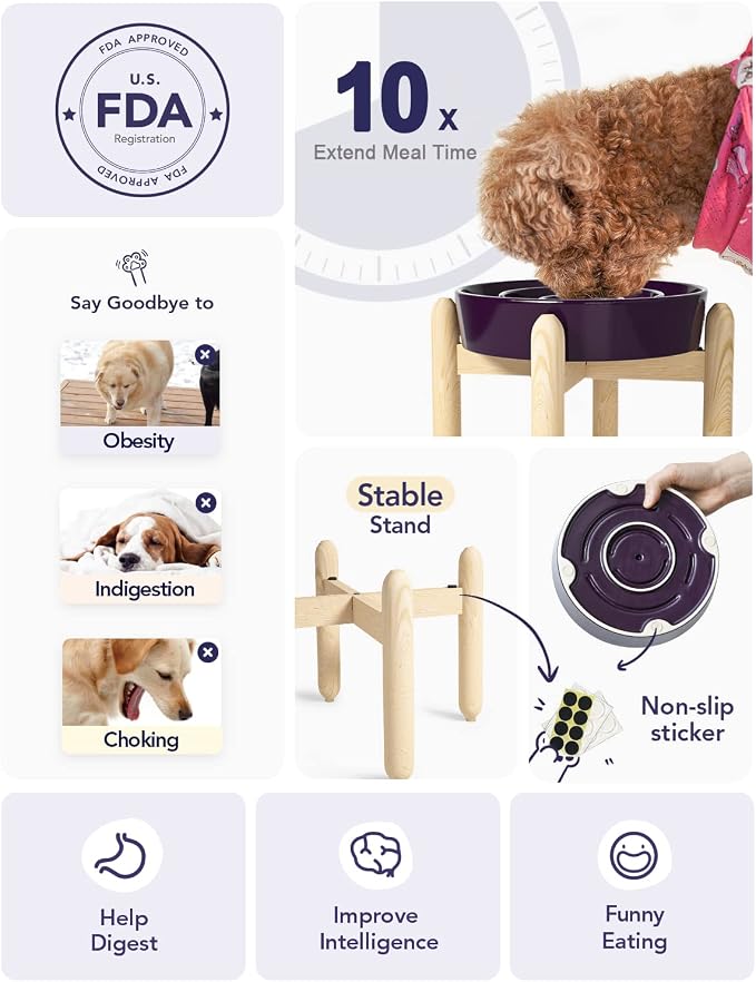 LE TAUCI Ceramic Slow Feed Dog Bowls, Elevated for Small and Medium Breed Dogs, Anti-Gulping Pet Feeding Dishes, Maze Purple, 1.5 Cups - Image 6