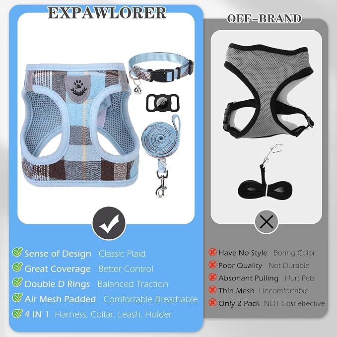 Classic Plaid Puppy Harness - Small Dog Harness and Leash Set - Dog Collar and Leash Set with AirTag Holder, Soft Padded Step in Dog Vest Harness No Pull Reflective for Outdoor, Blue XXS - Image 3