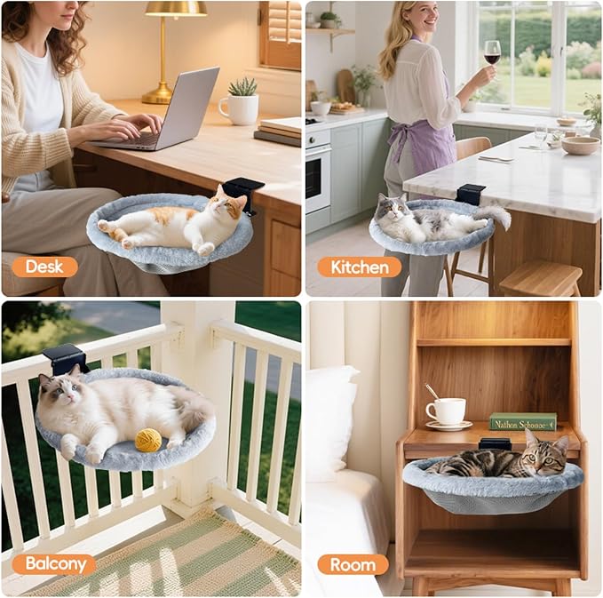 Cat Desk Bed | Supports 50 lb | Desk Mounted Cat Bed Cat Hammock for Desk | Space-Saving Foldable Design Cat Bed for Gaming Desks| removable washable cover | fits a wide range of desk thicknesses - Image 7