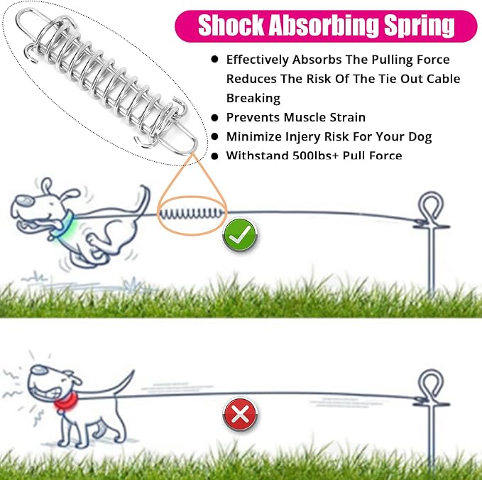 jenico Dog Tie Out Cable - 50 ft Heavy Duty Dog Lead for Yard | Outdoor Runner Cable with Swivel Hook and Shock Spring for Small Medium Large Dogs Up to 500 lbs Dog Tether for Yard Camping - Image 2