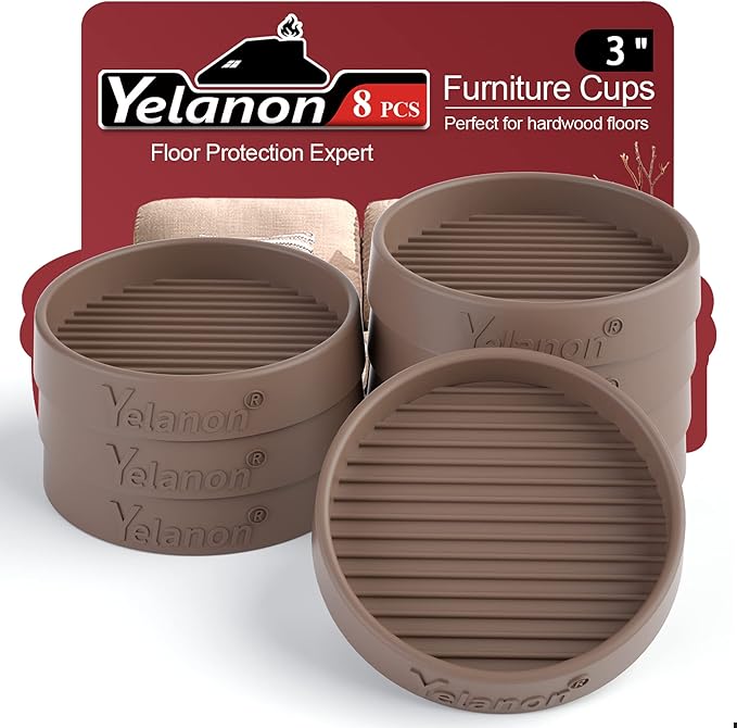 Yelanon Furniture Coasters - 8 Pcs 3”Round Furniture Caster Cups - Non Slip Pads Hardwood Floors Non Skid Grippers Rubber Furniture Feet - Anti Slide Floor Protector for Bed Couch Stoppers Brown by Yelanon
