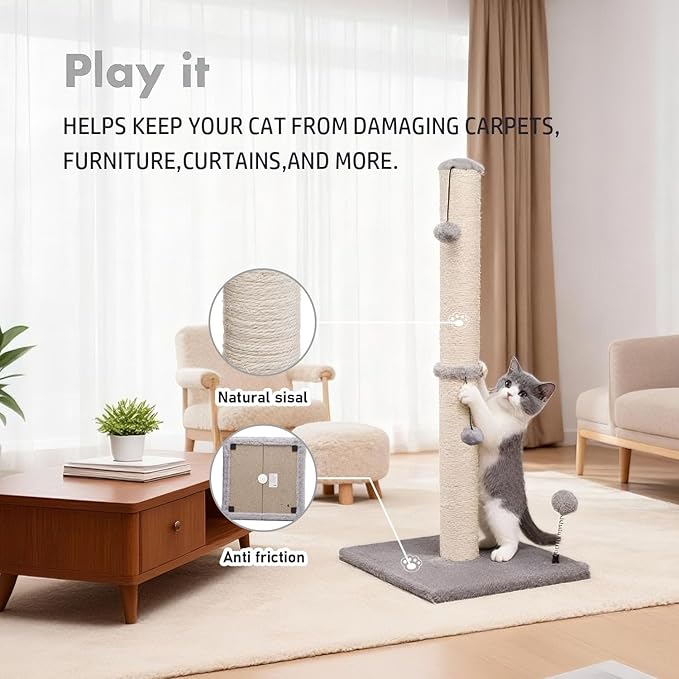 MECOOL 34“ Tall Cat Scratching Post Premium Basics Kitten Scratcher Sisal Scratch Posts Trees with Hanging Ball for Indoor Cats, Gray - Image 3