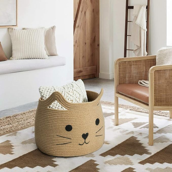Large Woven Rope Cat Toy Basket with Cat Face Design, Jute | 15.7" x 11.8" Toy Bin & Box for Living Room Nursery, Baby Storage Basket for Towels, Blankets, with Sturdy Handles - Image 6