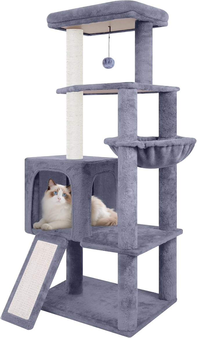 TWDEPART 55" All-in-One Cat Tree Tower with Scratching Board & Posts Cozy Sleeping Perch Hammock and Toy Balls,Grey by TINWEI
