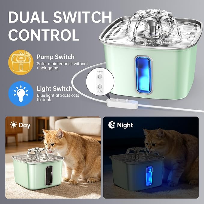 Veken Innovation Award Winner Stainless Steel Cat Water Fountain, 108oz | Automatic Pet Fountain Dog Water Dispenser with Replacement Filters & Silicone Mat for Cats, Dogs (Tea Green) - Image 7