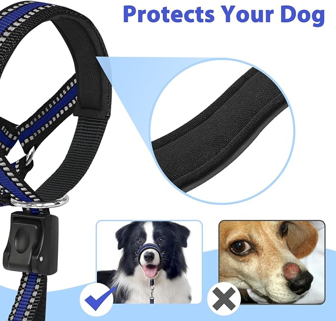 BARKLESS Soft Dog Head Collar, Patented Padded No Pull Head Halter, Training Nose Leash with Safety Link for Medium Large Dogs, Adjustable Muzzle Leash, Easy Control for Walking(Blue, M) - Image 5