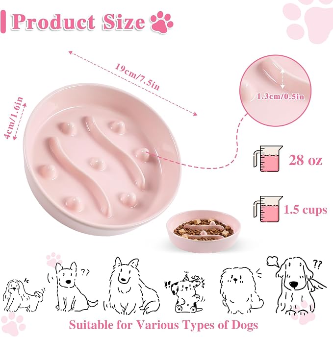 Ceramic Slow Feeder Dog Bowls,1.5 Cups Dog Food Dish for Medium& Large Dogs | 7.5 inch Puzzle Dog Food Bowl for Fast Eater, 28OZ, (Pink) - Image 2