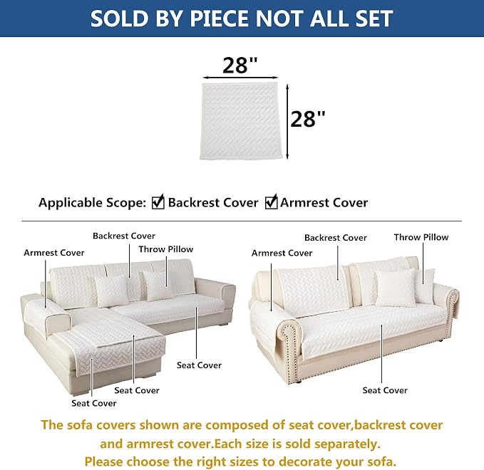 Eismodra Armrest Covers,Couch Cover,Sofa Cover,Backrest Covers,Anti-Slip Armchair Slipcovers for Dogs Cats Pet Loveseat Recliner Leather L Shaped,White 28 x 28 Inches (Only 1 Piece) - Image 5