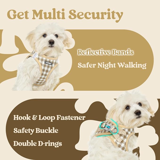 rabbitgoo Step-in Small Dog Harness, Puppy Vest for Small Sized Pet | Easy Put on and off, Lightweight, Soft, Breathable Quick-Dry Air Mesh for Comfortable Secure Walking, Beige Check S - Image 8