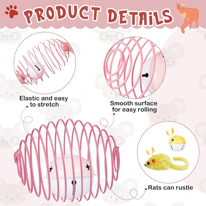 Jecery 5 Pcs Cat Toys Spring,Mouse and Bell,Multicolor | Interactive Metal Cat Toy, Stretchable Rolling Ball, for Indoor Cats, Colorful Playful Coils, Kitten Pet Supplies - Image 3
