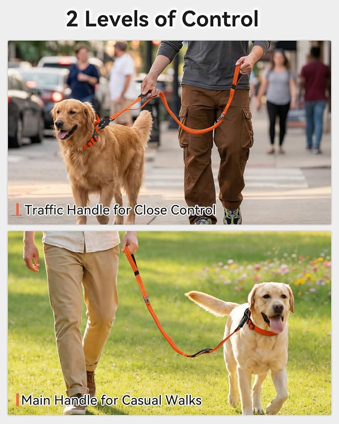 Joytale Tactical Bungee Dog Leash, Shock Absorbing No Pull, Orange | for Large Dogs That Pull, 2 Padded Handles for Control, Car Seatbelt Clip, Reflective for Night Safety, Metal Frog Clip - Image 4