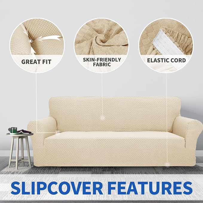 ZNSAYOTX 1 Piece Jacquard Couch Covers for 2 Cushion Couch High Stretch Loveseat Slipcover for Pets Dogs Anti Slip Love Seat Sofa Slipcover Furniture Protector (Loveseat, Light Beige) - Image 3