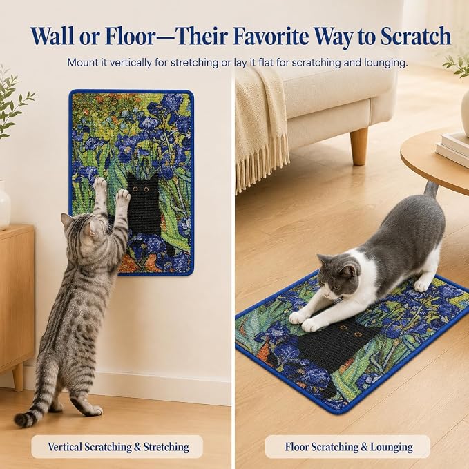Art Sisal Cat Scratcher Mat, Cat Wall Scratchers for Indoor Cats | Wall Mounted Cat Scratcher, Natural Sisal, No-Drill Hook & Loop Setup, Floor or Wall Use, 23.6 x 15.7 Inch, Irises - Image 7